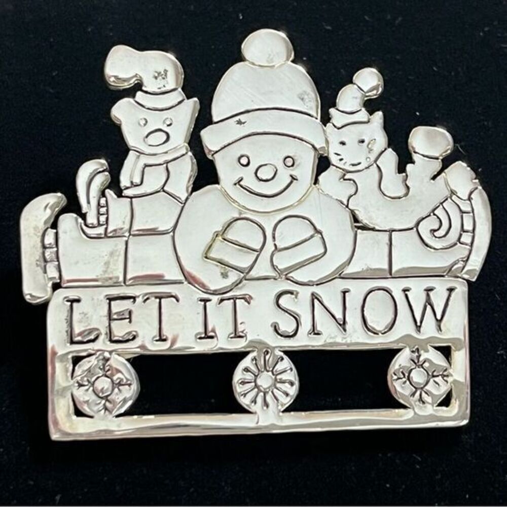 Let It Snow Brooch Pin Pendant Snowman Silvertone Festive